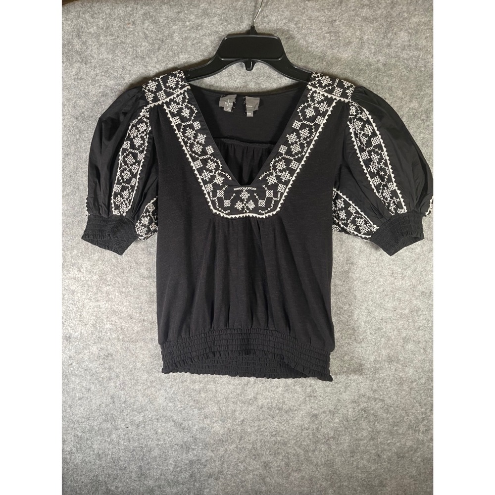 Anthropologie By Anthologie Black Embroidered Puff Sleeve Smocked Blouse XXS